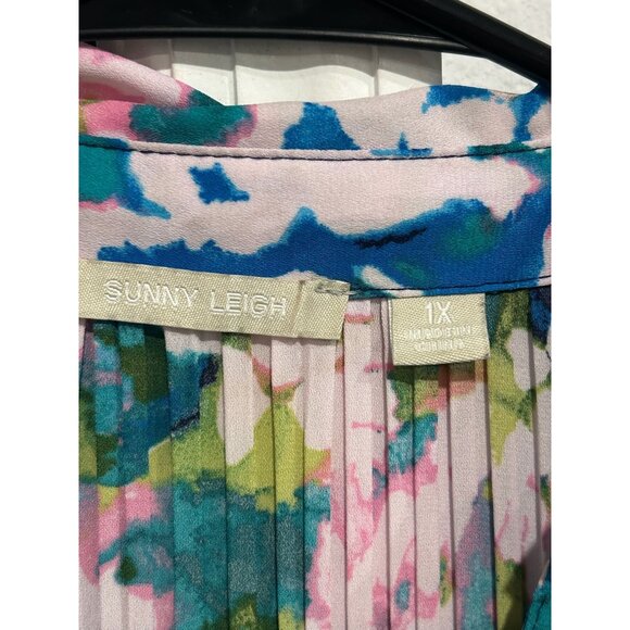 Sunny Leigh Womens Floral Pleated Sheer Blouse Multi-Color Button-Up Sz 1X - Picture 6 of 10